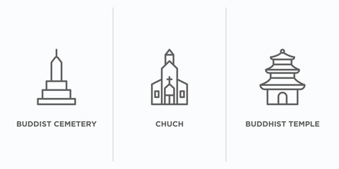 buildings outline icons set. thin line icons such as buddist cemetery, chuch, buddhist temple vector. linear icon sheet can be used web and mobile