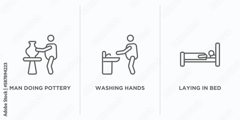 Poster behavior outline icons set. thin line icons such as man doing pottery, washing hands, laying in bed 