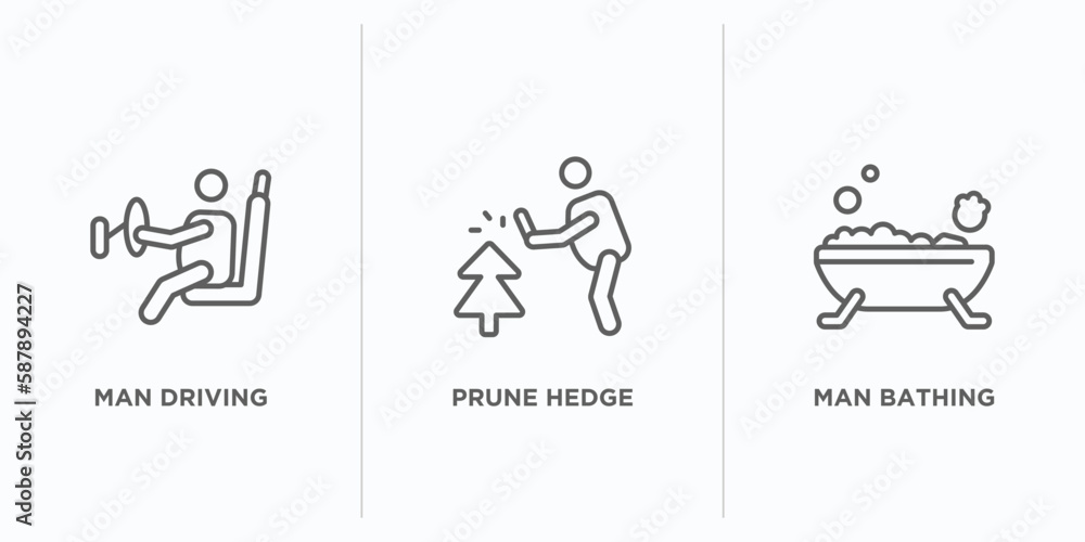 Aufkleber behavior outline icons set. thin line icons such as man driving, prune hedge, man bathing vector. li