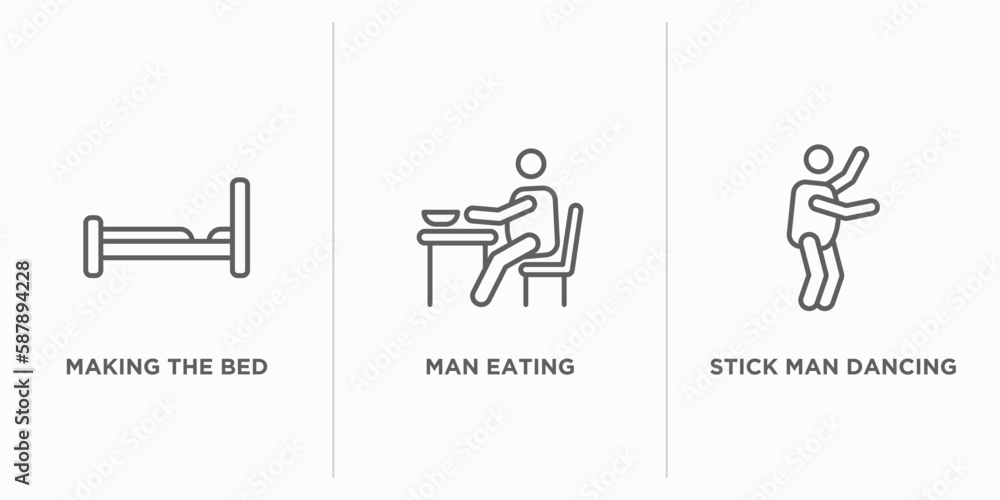 Poster behavior outline icons set. thin line icons such as making the bed, man eating, stick man dancing ve