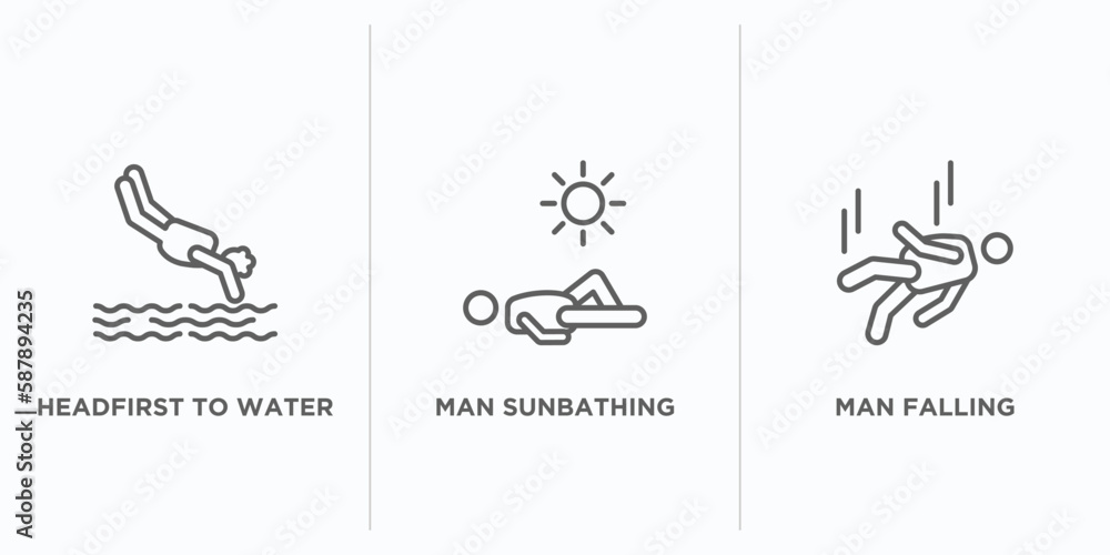 Aufkleber behavior outline icons set. thin line icons such as headfirst to water, man sunbathing, man falling 