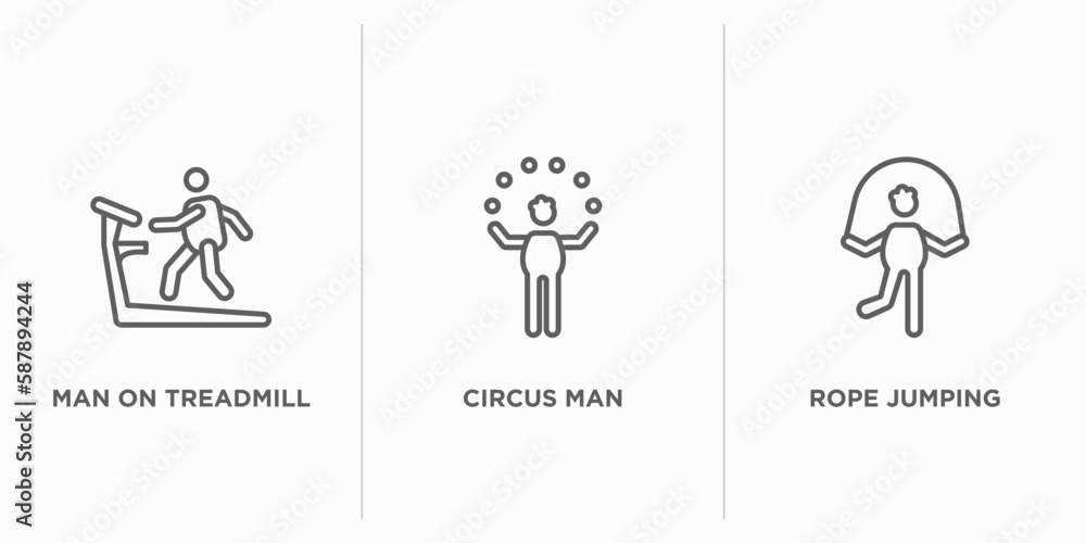 Poster behavior outline icons set. thin line icons such as man on treadmill, circus man, rope jumping vecto