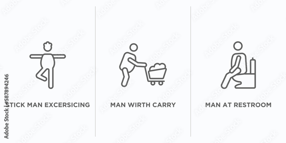 Poster behavior outline icons set. thin line icons such as stick man excersicing, man wirth carry, man at r