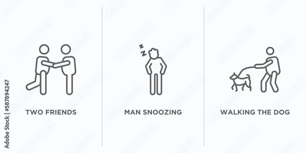 Aufkleber behavior outline icons set. thin line icons such as two friends, man snoozing, walking the dog vecto