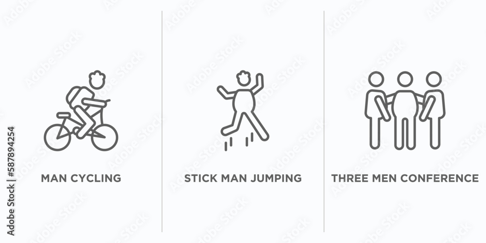 Aufkleber behavior outline icons set. thin line icons such as man cycling, stick man jumping, three men confer