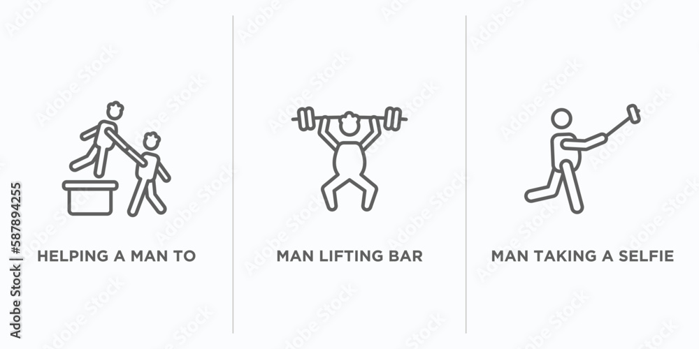 Poster behavior outline icons set. thin line icons such as helping a man to climb, man lifting bar, man tak