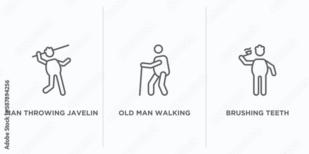 Poster behavior outline icons set. thin line icons such as man throwing javelin, old man walking, brushing 