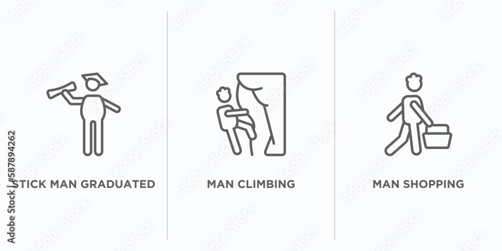 Aufkleber behavior outline icons set. thin line icons such as stick man graduated, man climbing, man shopping 