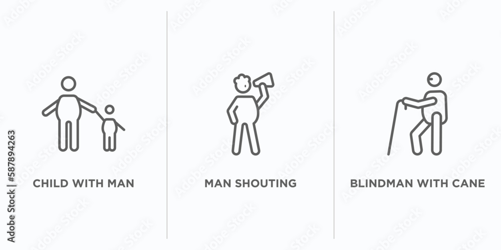 Poster behavior outline icons set. thin line icons such as child with man, man shouting, blindman with cane