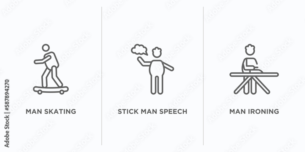 Poster behavior outline icons set. thin line icons such as man skating, stick man speech, man ironing vecto