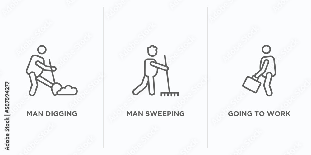 Poster behavior outline icons set. thin line icons such as man digging, man sweeping, going to work vector.