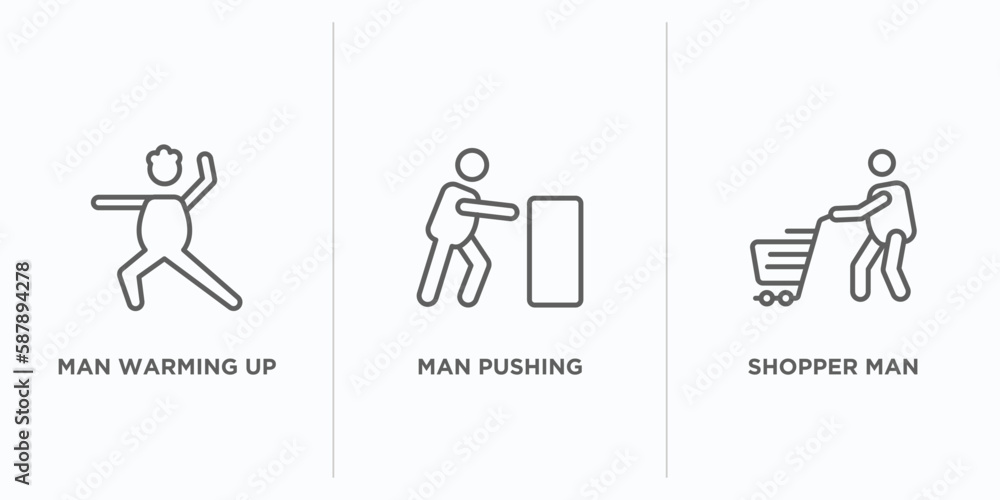 Poster behavior outline icons set. thin line icons such as man warming up, man pushing, shopper man vector.
