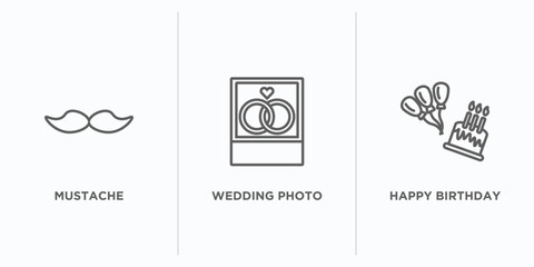 birthday and party outline icons set. thin line icons such as mustache, wedding photo, happy birthday vector. linear icon sheet can be used web and mobile
