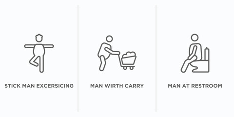 behavior outline icons set. thin line icons such as stick man excersicing, man wirth carry, man at restroom vector. linear icon sheet can be used web and mobile