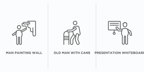 behavior outline icons set. thin line icons such as man painting wall, old man with cane, presentation whiteboard vector. linear icon sheet can be used web and mobile