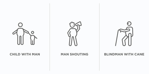 behavior outline icons set. thin line icons such as child with man, man shouting, blindman with cane vector. linear icon sheet can be used web and mobile