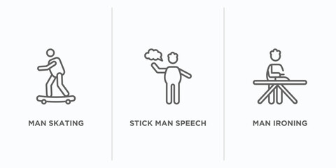 behavior outline icons set. thin line icons such as man skating, stick man speech, man ironing vector. linear icon sheet can be used web and mobile