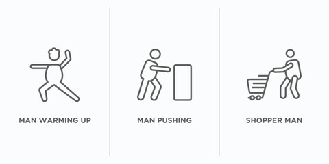 behavior outline icons set. thin line icons such as man warming up, man pushing, shopper man vector. linear icon sheet can be used web and mobile