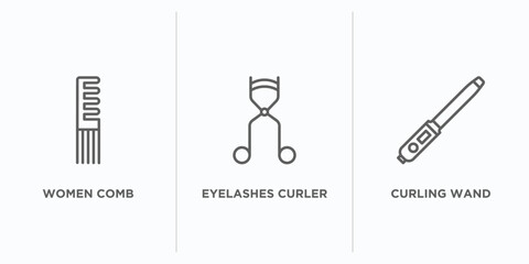 beauty outline icons set. thin line icons such as women comb, eyelashes curler, curling wand vector. linear icon sheet can be used web and mobile