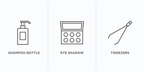 beauty outline icons set. thin line icons such as shampoo bottle, eye shadow, tweezers vector. linear icon sheet can be used web and mobile
