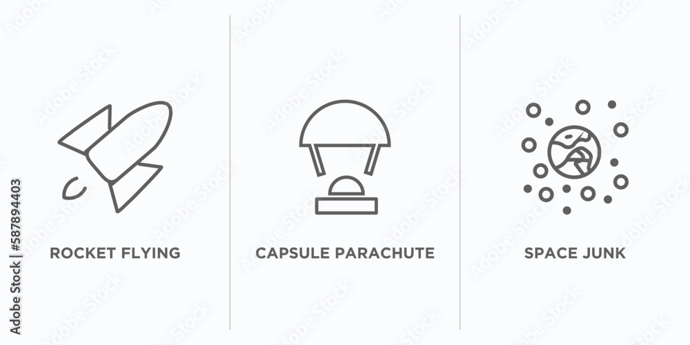 Poster astronomy outline icons set. thin line icons such as rocket flying, capsule parachute, space junk ve