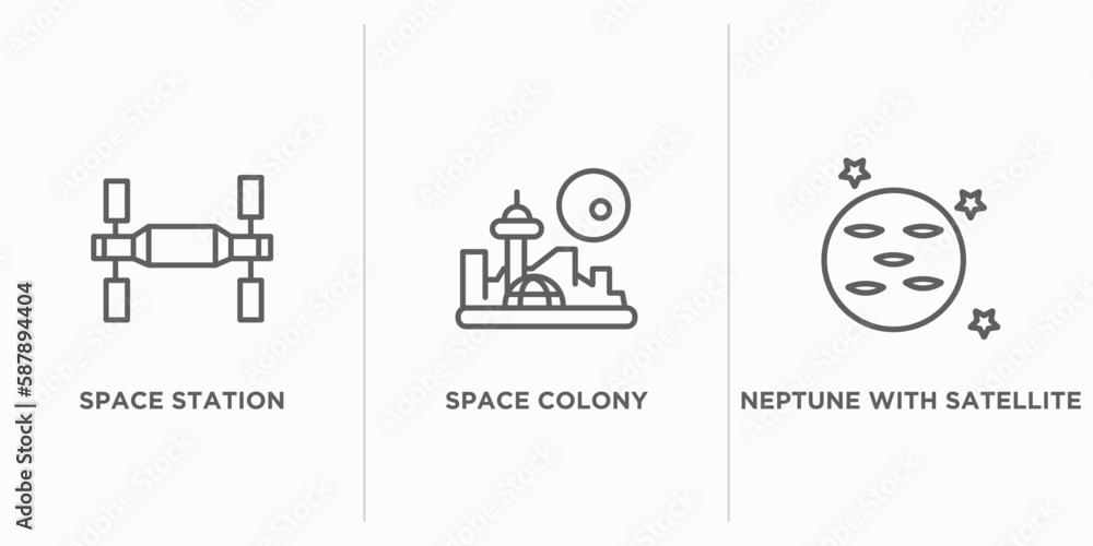 Poster astronomy outline icons set. thin line icons such as space station, space colony, neptune with satel
