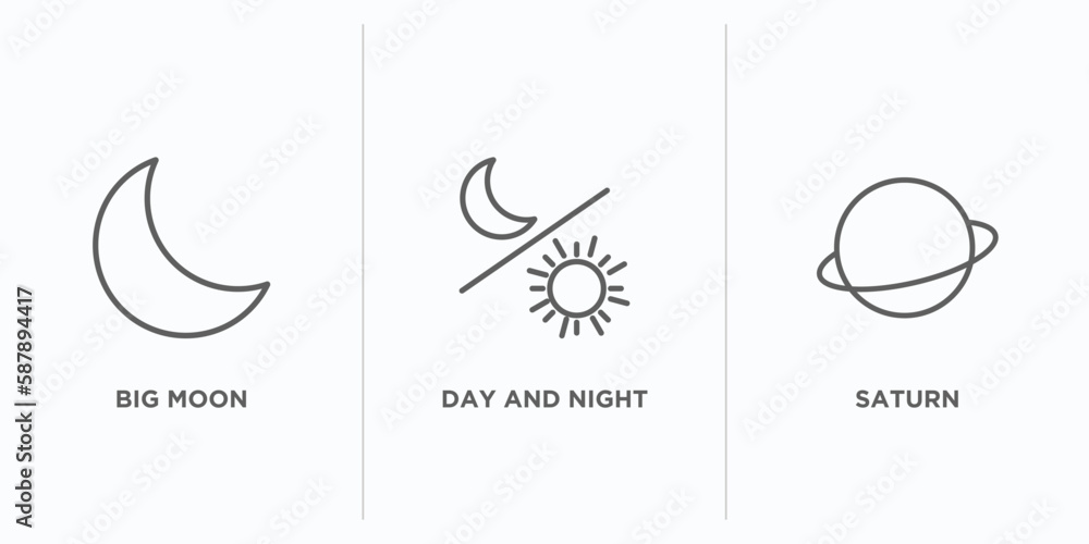Poster astronomy outline icons set. thin line icons such as big moon, day and night, saturn vector. linear 