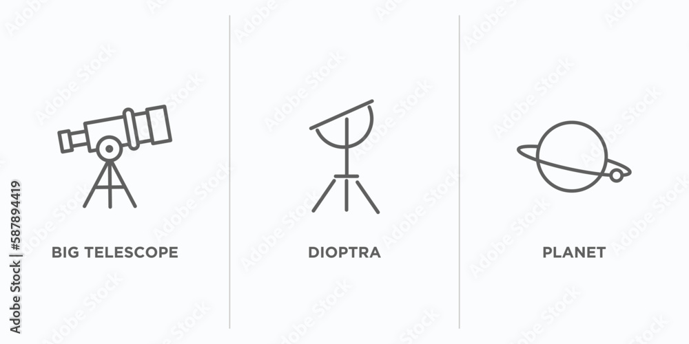Poster astronomy outline icons set. thin line icons such as big telescope, dioptra, planet vector. linear i