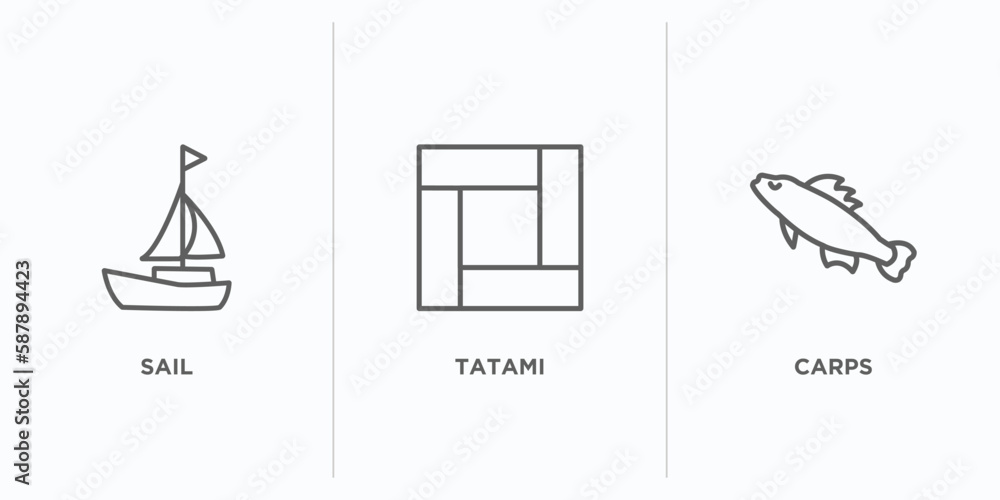 Poster asian outline icons set. thin line icons such as sail, tatami, carps vector. linear icon sheet can b