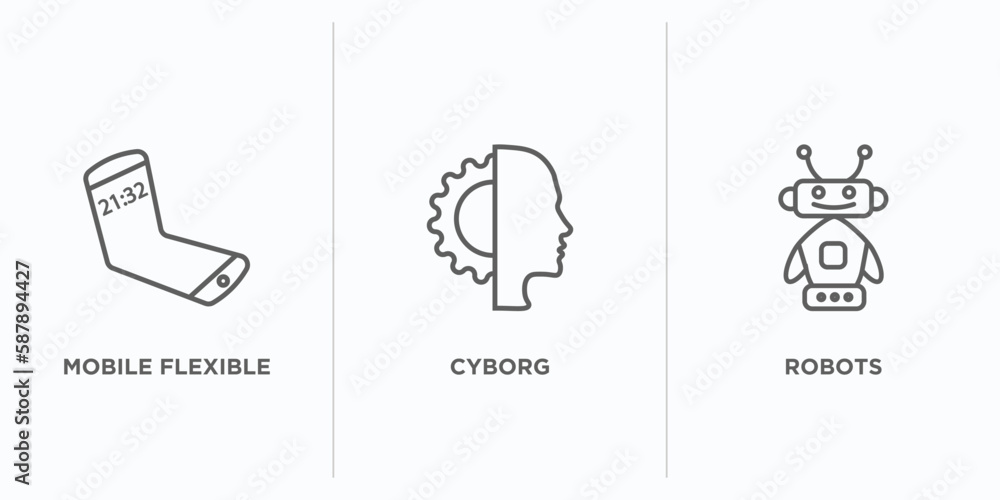 Poster artificial intellegence outline icons set. thin line icons such as mobile flexible display, cyborg, 