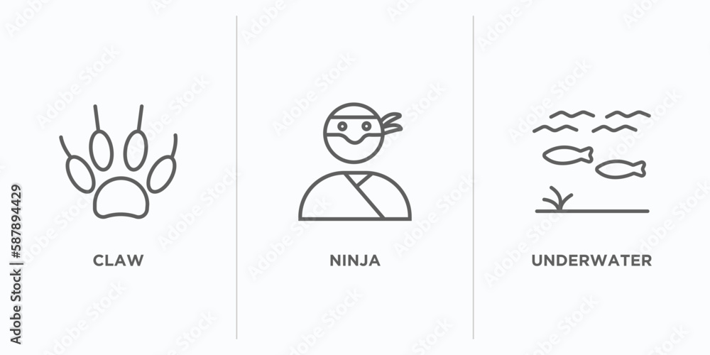 Poster asian collection. thin outline icons set. thin line icons such as claw, ninja, underwater vector. li
