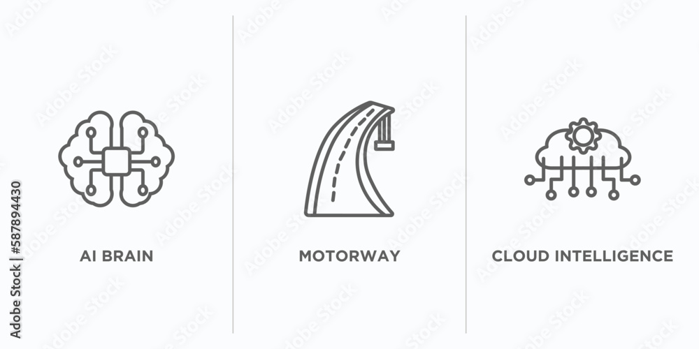 Poster artificial intellegence outline icons set. thin line icons such as ai brain, motorway, cloud intelli