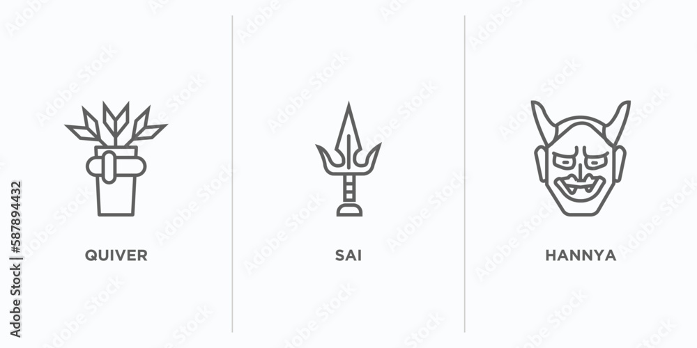 Poster asian outline icons set. thin line icons such as quiver, sai, hannya vector. linear icon sheet can b