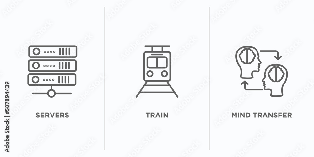 Poster artificial intellegence outline icons set. thin line icons such as servers, train, mind transfer vec