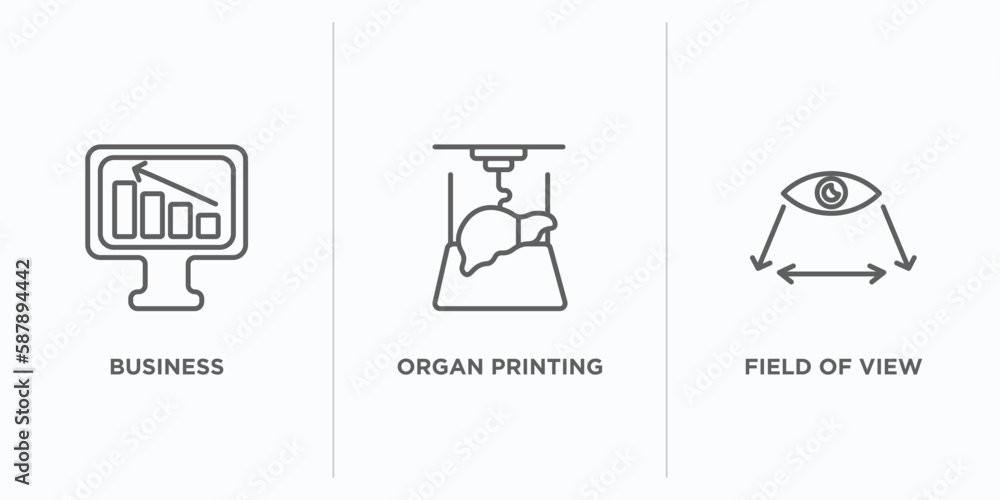 Poster artificial intellegence outline icons set. thin line icons such as business, organ printing, field o