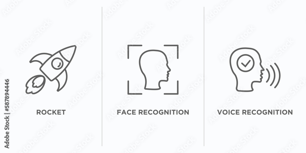 Poster artificial intellegence outline icons set. thin line icons such as rocket, face recognition, voice r