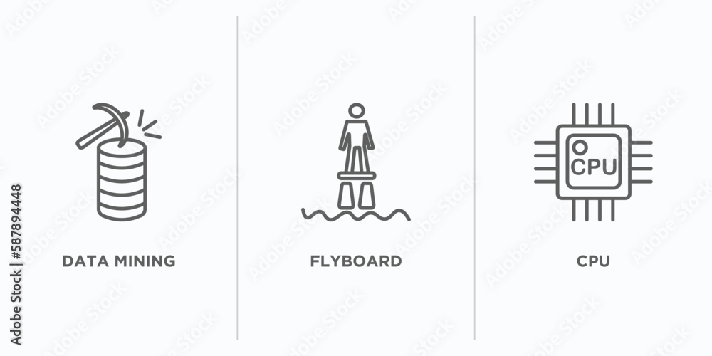 Poster artificial intellegence outline icons set. thin line icons such as data mining, flyboard, cpu vector