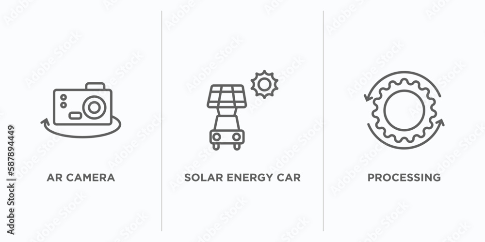 Poster artificial intellegence outline icons set. thin line icons such as ar camera, solar energy car, proc