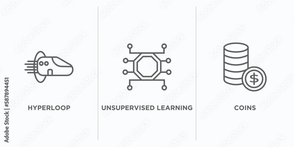 Poster artificial intellegence outline icons set. thin line icons such as hyperloop, unsupervised learning,