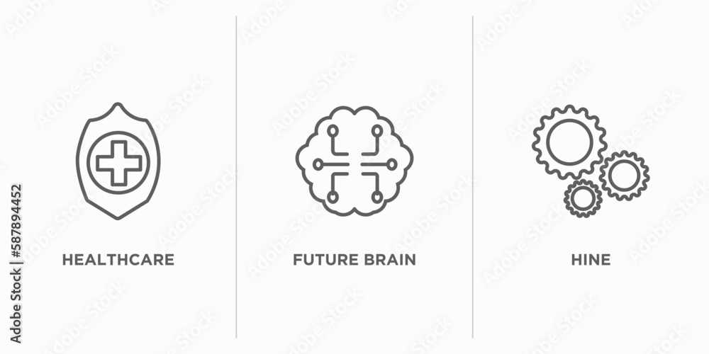 Poster artificial intellegence outline icons set. thin line icons such as healthcare, future brain, hine ve