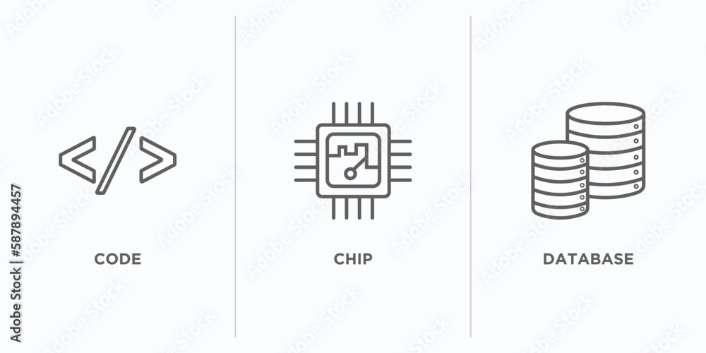 Poster artificial intellegence outline icons set. thin line icons such as code, chip, database vector. line