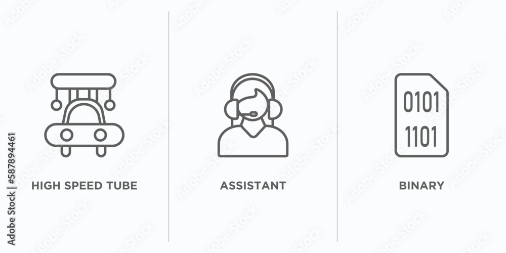 Poster artificial intellegence outline icons set. thin line icons such as high speed tube, assistant, binar