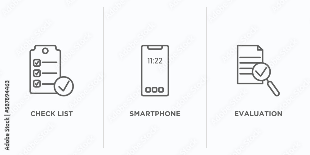 Poster artificial intellegence outline icons set. thin line icons such as check list, smartphone, evaluatio