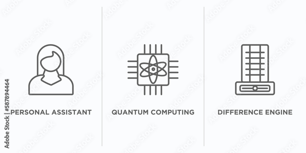 Poster artificial intellegence outline icons set. thin line icons such as personal assistant, quantum compu