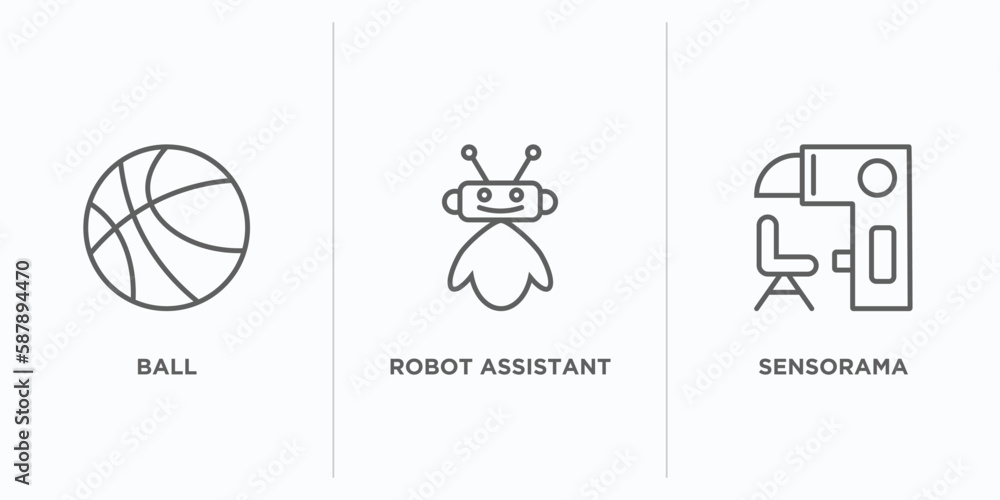 Poster artificial intellegence outline icons set. thin line icons such as ball, robot assistant, sensorama 