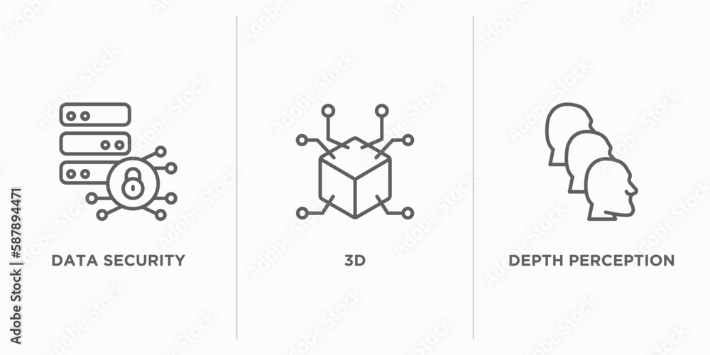 Poster artificial intelligence outline icons set. thin line icons such as data security, 3d, depth percepti