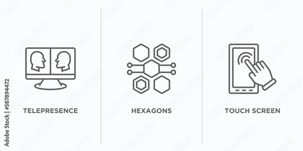 Poster artificial intelligence outline icons set. thin line icons such as telepresence, hexagons, touch scr