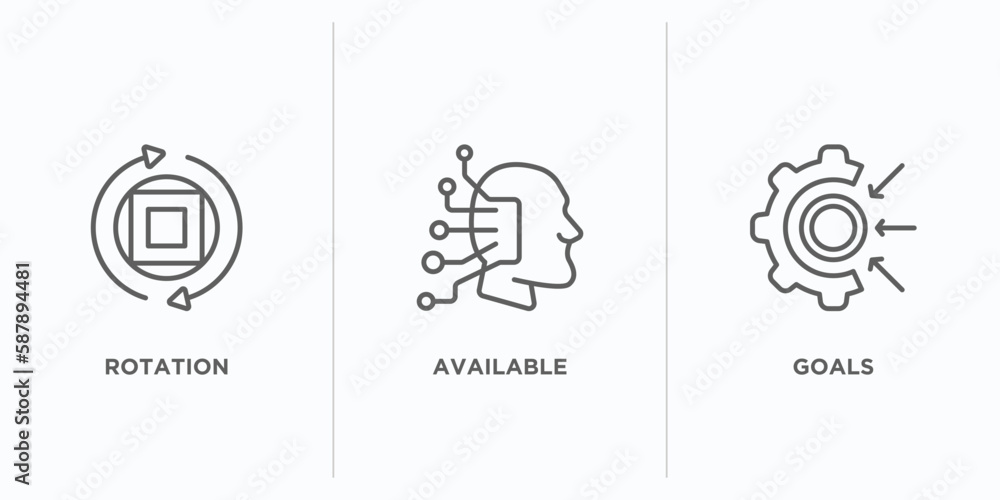 Poster artificial intelligence outline icons set. thin line icons such as rotation, available, goals vector