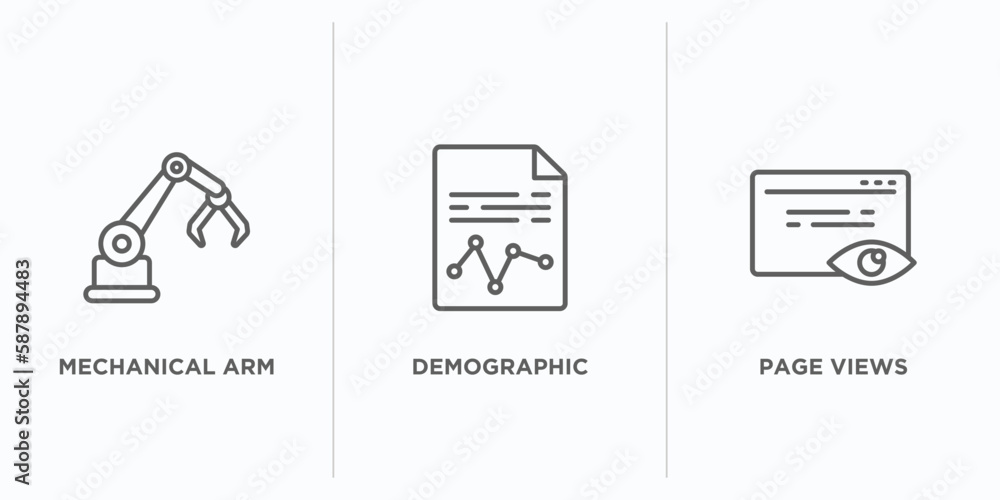 Poster artificial intelligence outline icons set. thin line icons such as mechanical arm, demographic, page