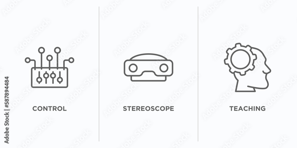 Poster artificial intelligence outline icons set. thin line icons such as control, stereoscope, teaching ve